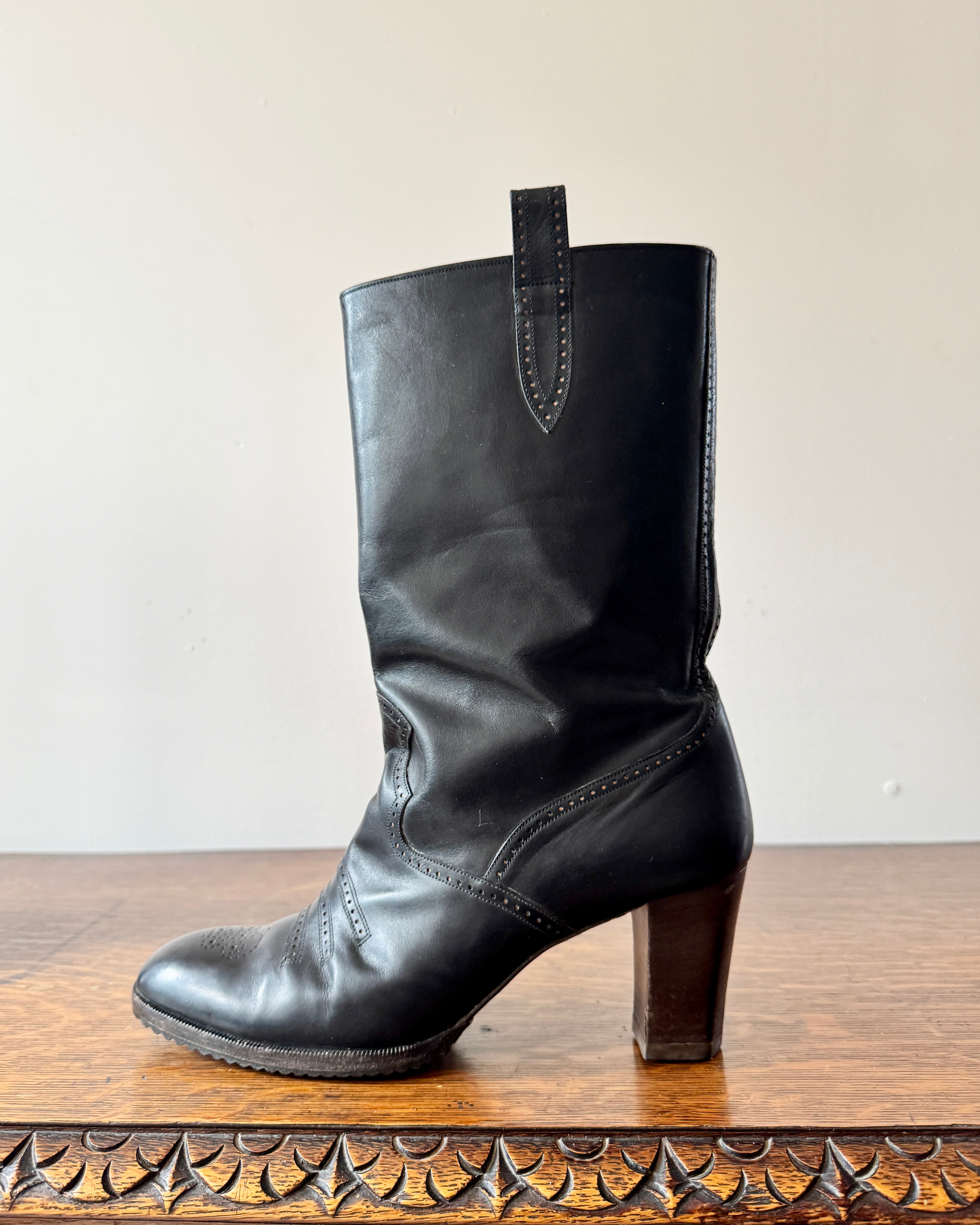 Vintage 1970s YSL Yves Saint Laurent Black High Heel Stacked Booties With Brogue Details Size 8.5 Made in Italy
