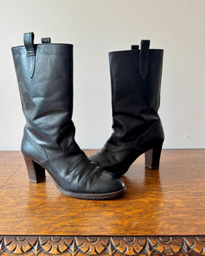 Vintage 1970s YSL Yves Saint Laurent Black High Heel Stacked Booties With Brogue Details Size 8.5 Made in Italy
