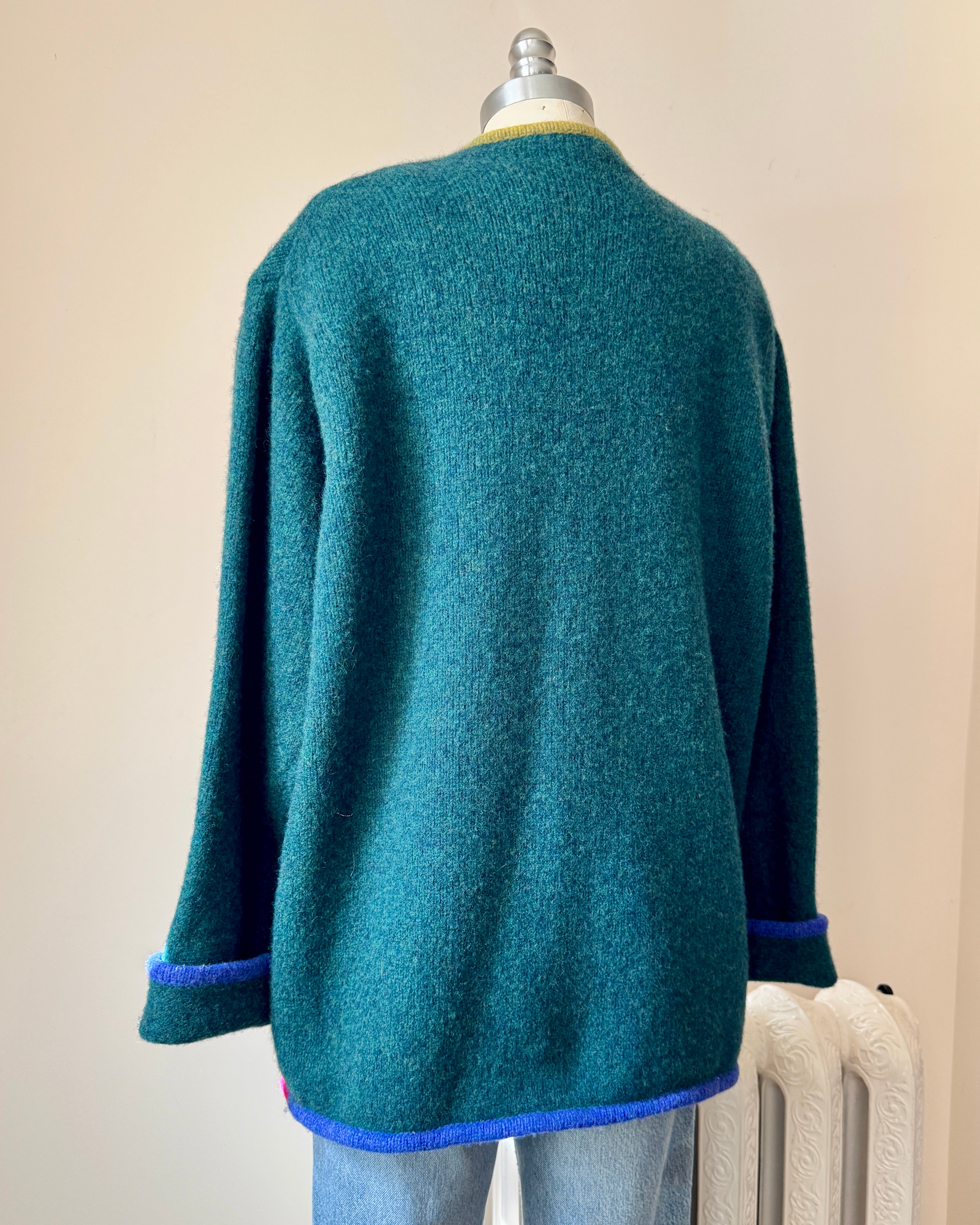 Vintage Shetland Wool Knit Green United Colors Of Benetton Color Blocked Sweater Cardigan Jacket  M L