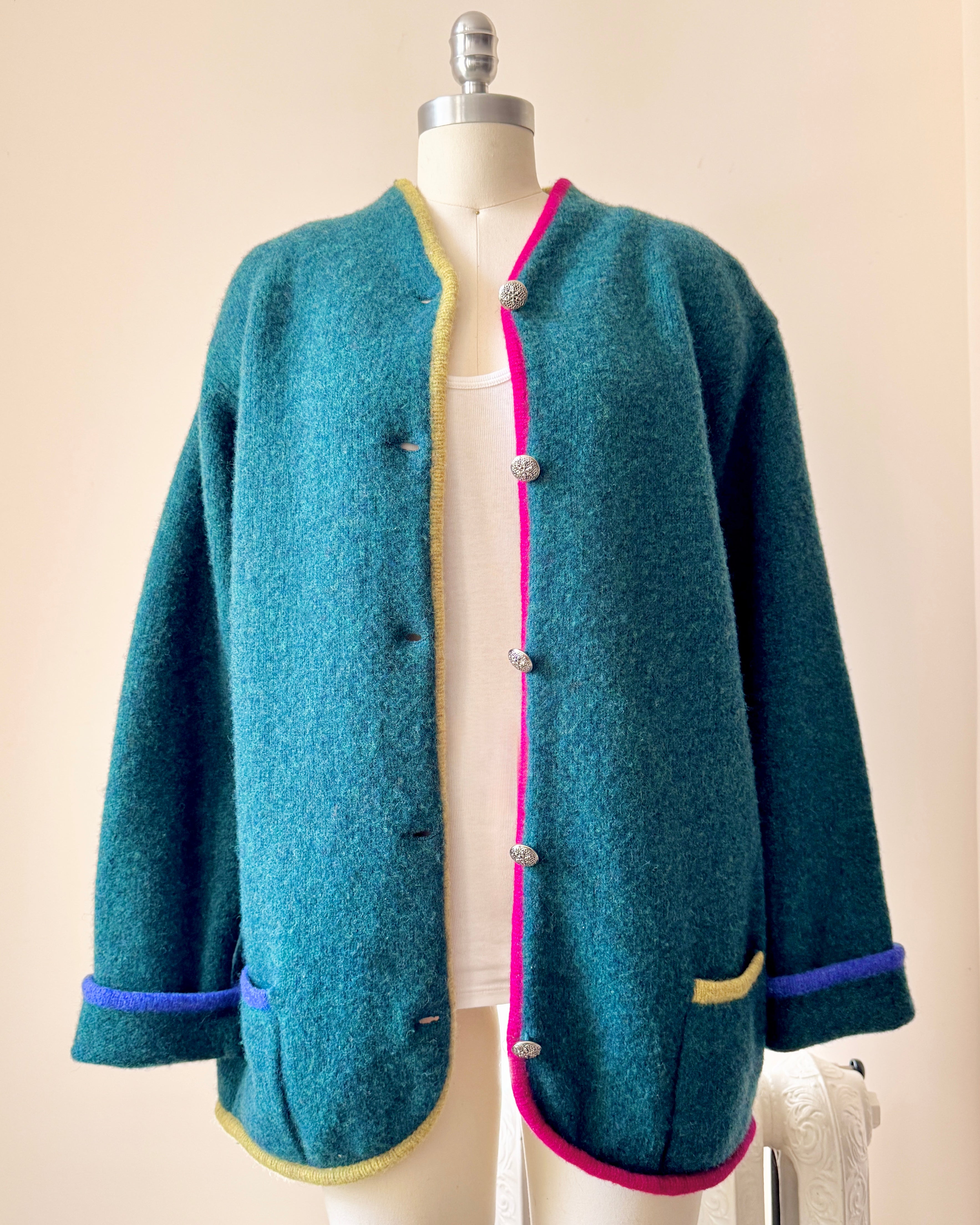 Vintage Shetland Wool Knit Green United Colors Of Benetton Color Blocked Sweater Cardigan Jacket  M L