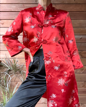 Vintage 1960s PEONY Red and Black Brocade Satin Jacket Coat Tunic and Pant Pyjama Lounge Set Size 6