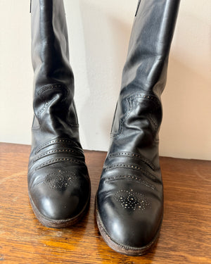 Vintage 1970s YSL Yves Saint Laurent Black High Heel Stacked Booties With Brogue Details Size 8.5 Made in Italy
