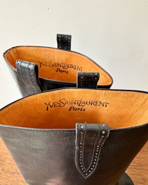 Vintage 1970s YSL Yves Saint Laurent Black High Heel Stacked Booties With Brogue Details Size 8.5 Made in Italy
