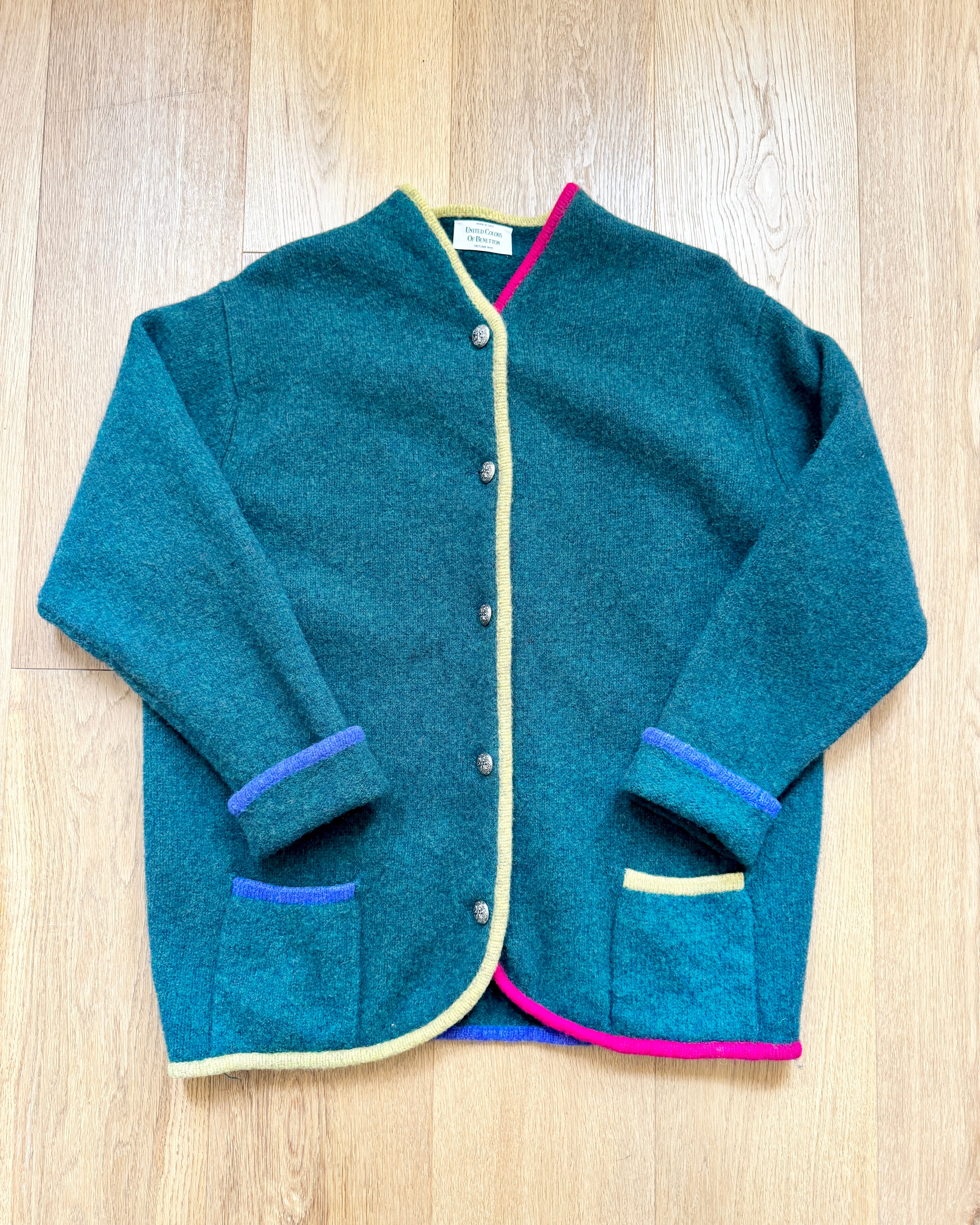 Vintage Shetland Wool Knit Green United Colors Of Benetton Color Blocked Sweater Cardigan Jacket  M L