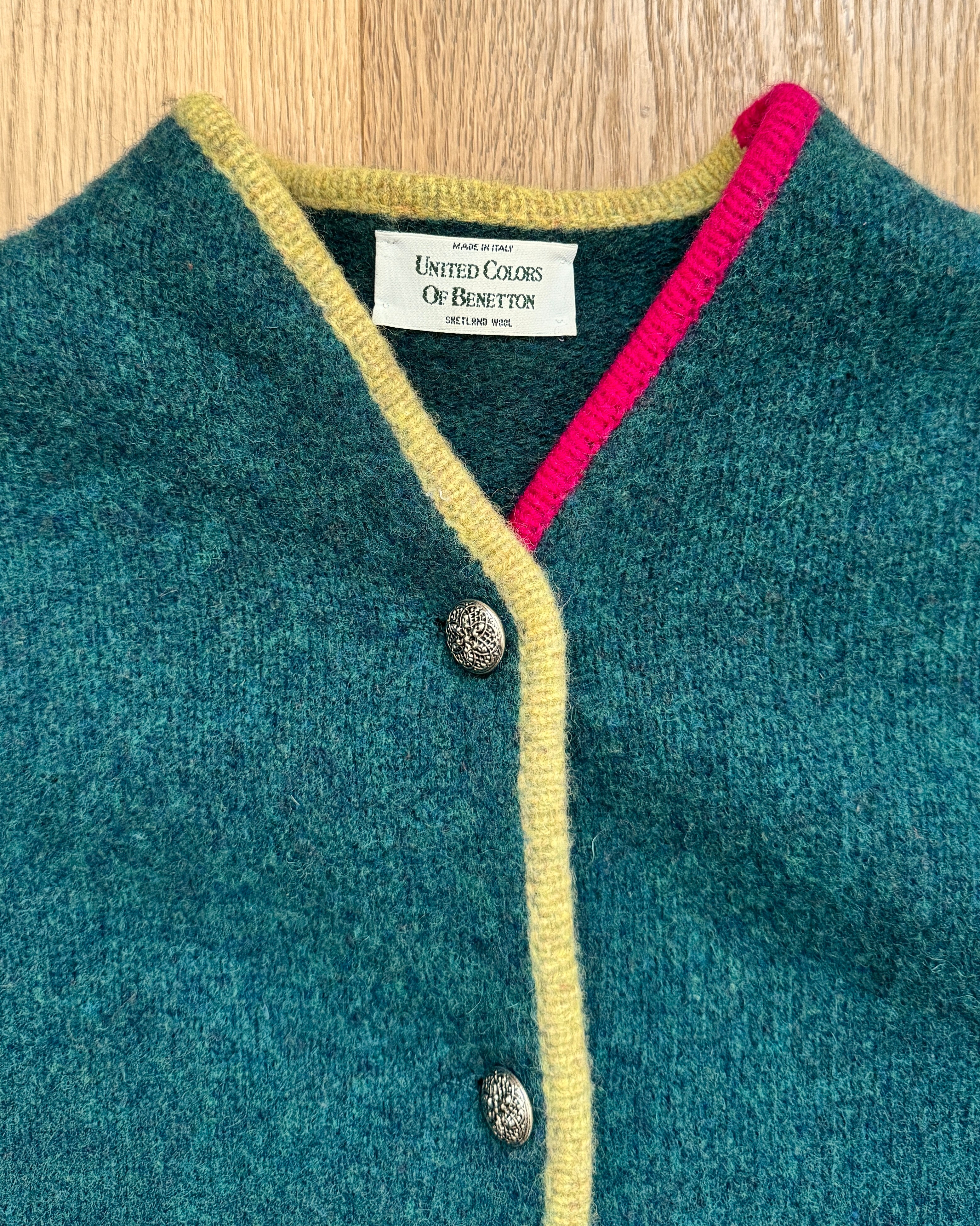 Vintage Shetland Wool Knit Green United Colors Of Benetton Color Blocked Sweater Cardigan Jacket  M L