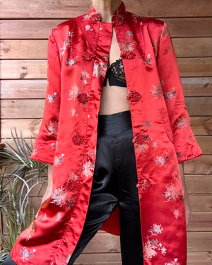 Vintage 1960s PEONY Red and Black Brocade Satin Jacket Coat Tunic and Pant Pyjama Lounge Set Size 6