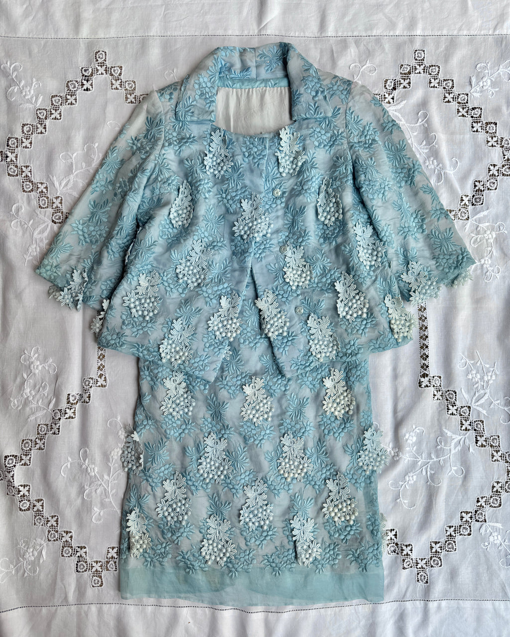 Vintage 1950s Silk Blue Organza with Floral Embroidery and Applique Dress and Jacket Set