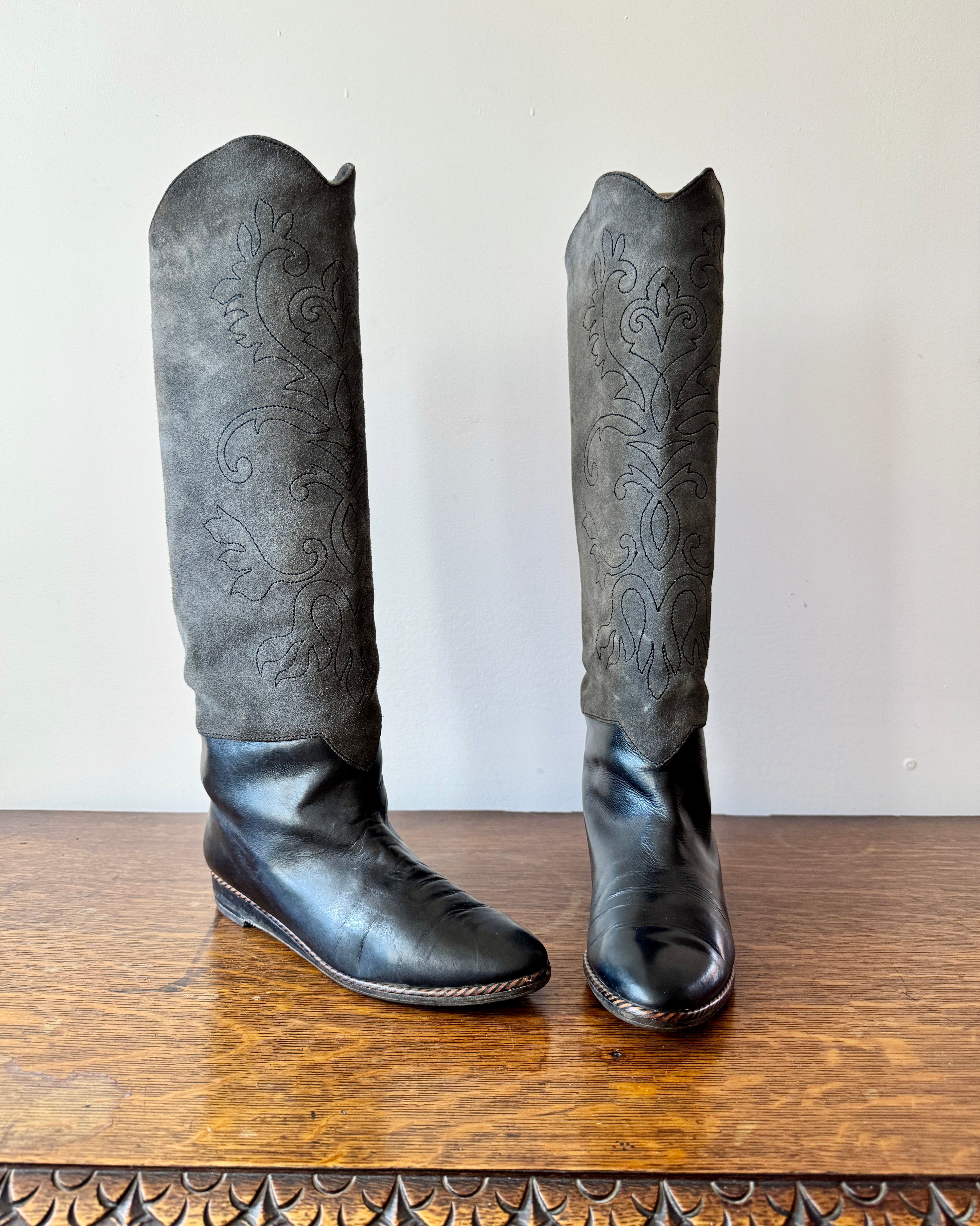 Vintage 1980s YSL Yves Saint Laurent Black and Grey Tall Flat Boots With Western Embroidery Details Size 8.5