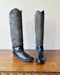 Vintage 1980s YSL Yves Saint Laurent Black and Grey Tall Flat Boots With Western Embroidery Details Size 8.5