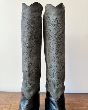 Vintage 1980s YSL Yves Saint Laurent Black and Grey Tall Flat Boots With Western Embroidery Details Size 8.5