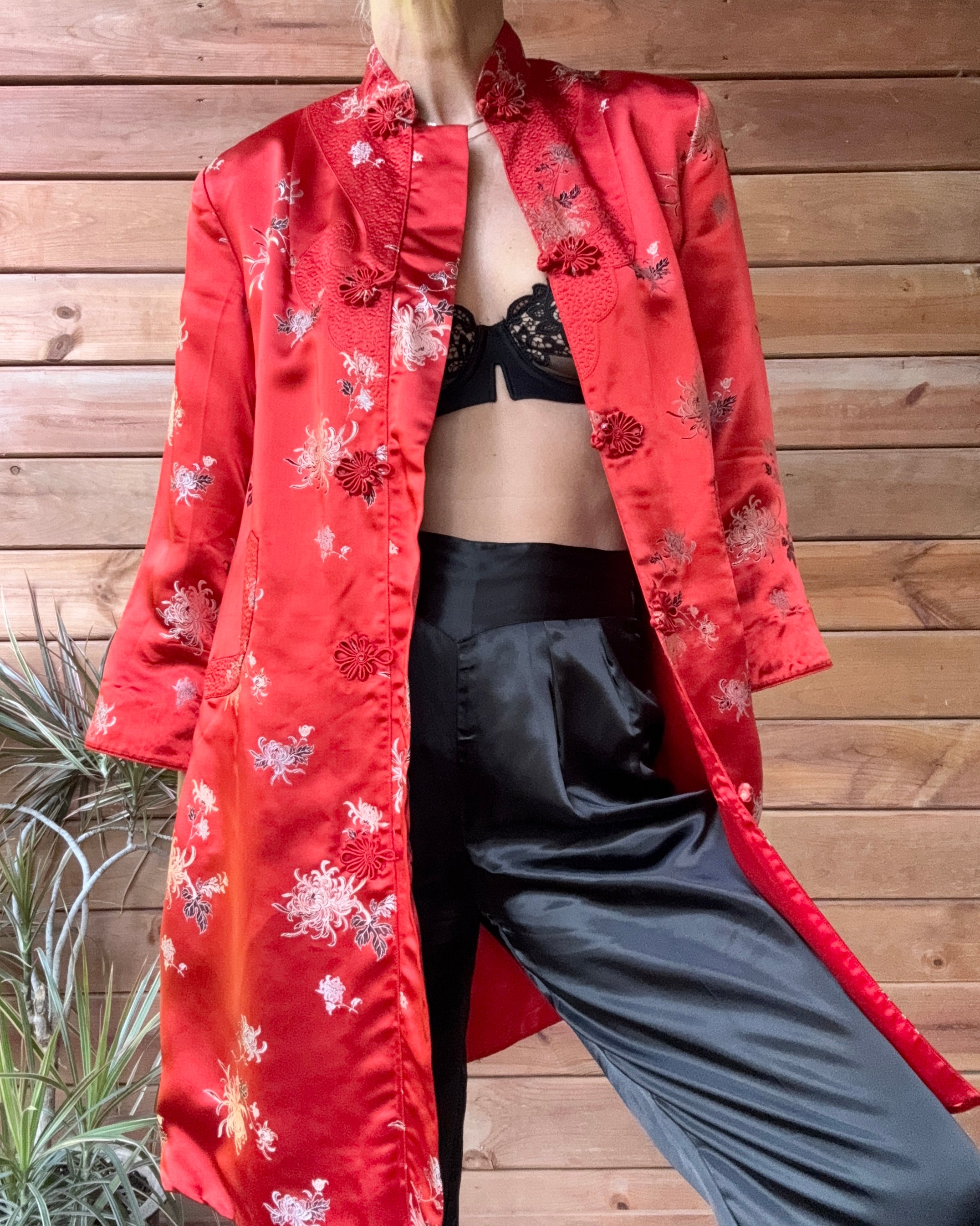 Vintage 1960s PEONY Red and Black Brocade Satin Jacket Coat Tunic and Pant Pyjama Lounge Set Size 6