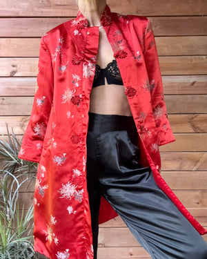 Vintage 1960s PEONY Red and Black Brocade Satin Jacket Coat Tunic and Pant Pyjama Lounge Set Size 6