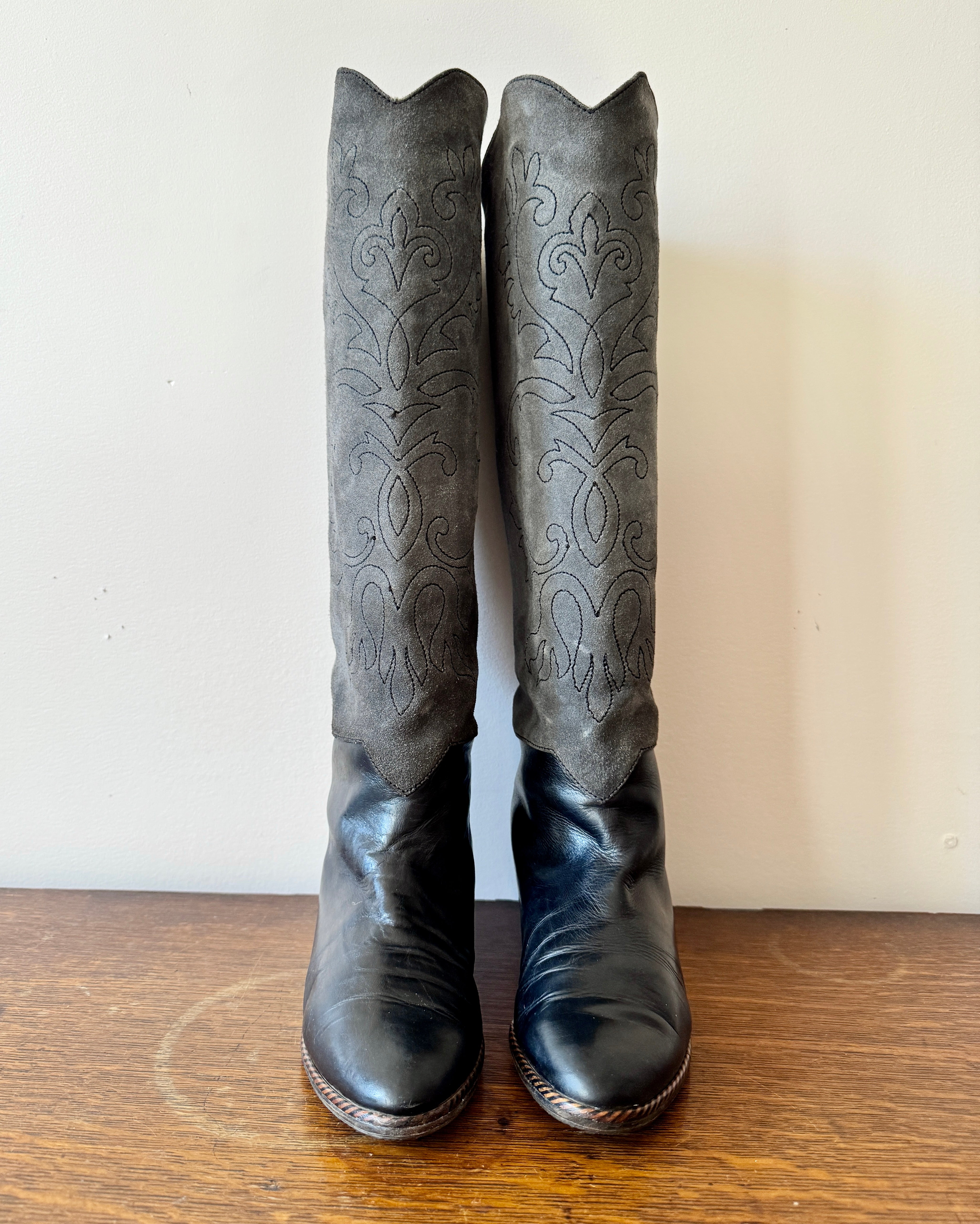 Vintage 1980s YSL Yves Saint Laurent Black and Grey Tall Flat Boots With Western Embroidery Details Size 8.5