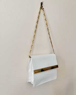 Vintage 1970s BELLIDO White Patent Leather With Gold and Silver Tone Metal Details and Chain Link Shoulder Strap Bag Mint Condition