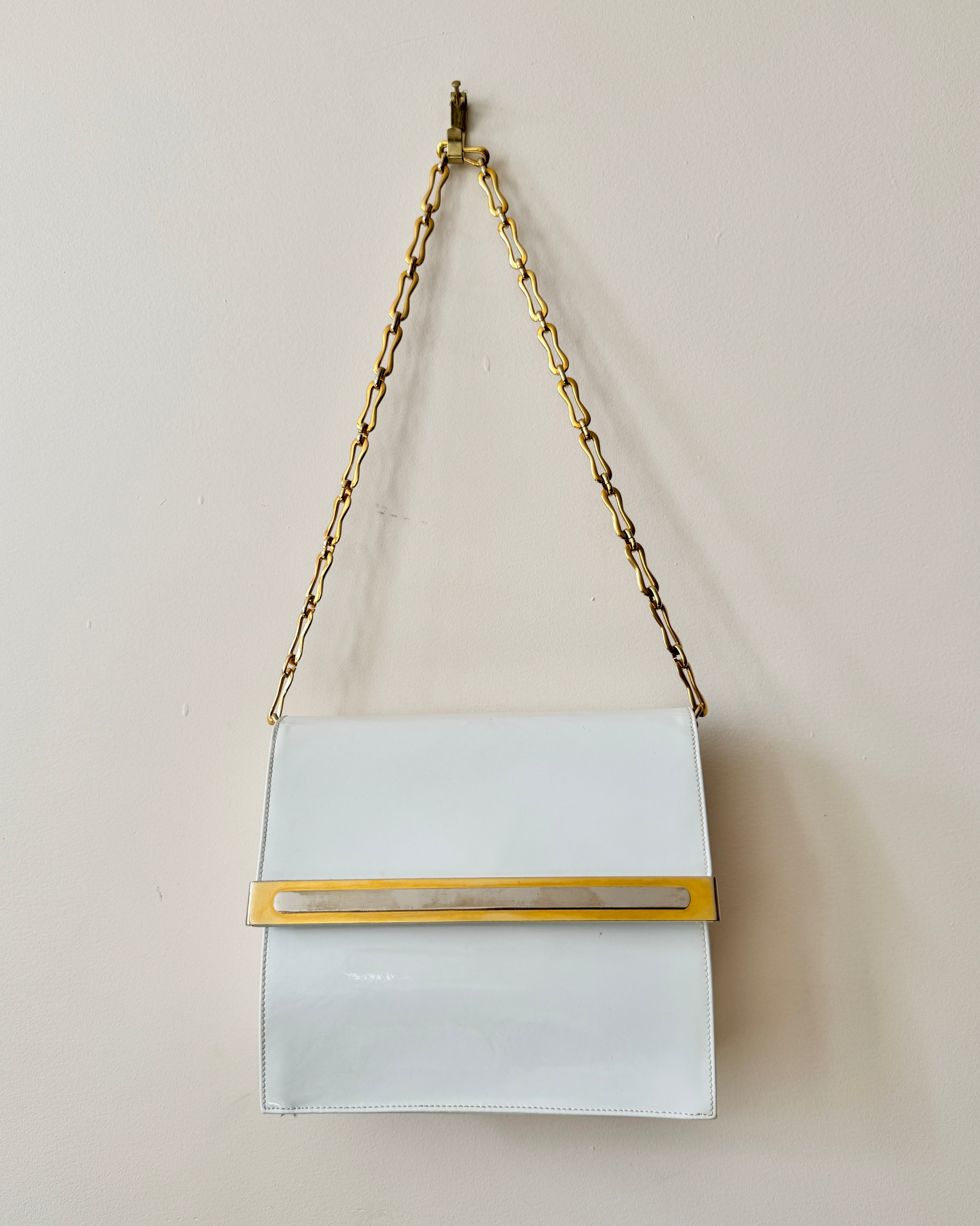 Vintage 1970s BELLIDO White Patent Leather With Gold and Silver Tone Metal Details and Chain Link Shoulder Strap Bag Mint Condition