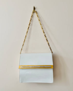 Vintage 1970s BELLIDO White Patent Leather With Gold and Silver Tone Metal Details and Chain Link Shoulder Strap Bag Mint Condition