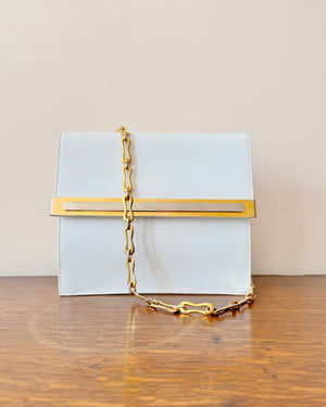 Vintage 1970s BELLIDO White Patent Leather With Gold and Silver Tone Metal Details and Chain Link Shoulder Strap Bag Mint Condition