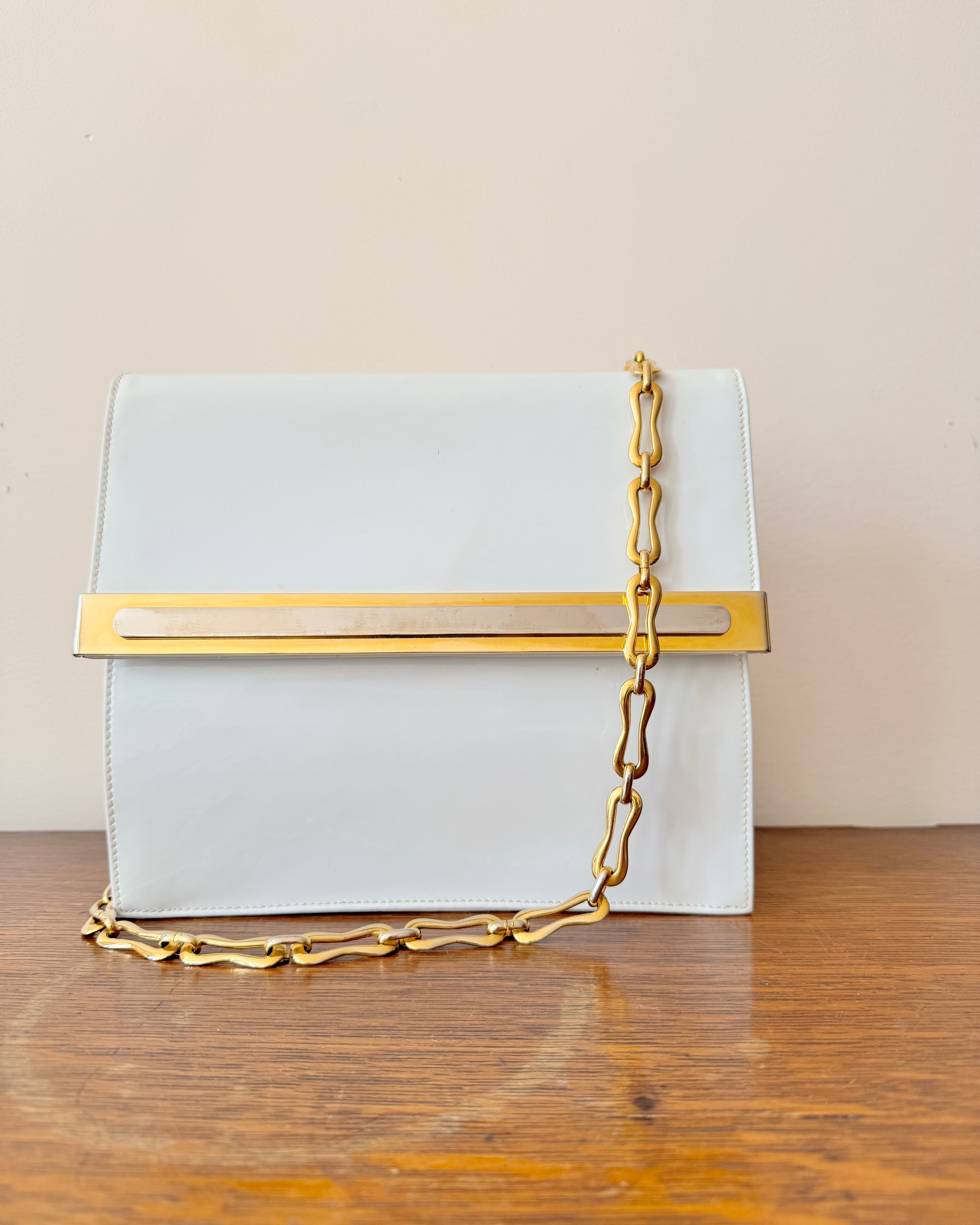 Vintage 1970s BELLIDO White Patent Leather With Gold and Silver Tone Metal Details and Chain Link Shoulder Strap Bag Mint Condition
