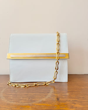 Vintage 1970s BELLIDO White Patent Leather With Gold and Silver Tone Metal Details and Chain Link Shoulder Strap Bag Mint Condition