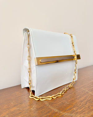 Vintage 1970s BELLIDO White Patent Leather With Gold and Silver Tone Metal Details and Chain Link Shoulder Strap Bag Mint Condition