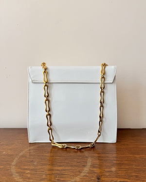 Vintage 1970s BELLIDO White Patent Leather With Gold and Silver Tone Metal Details and Chain Link Shoulder Strap Bag Mint Condition