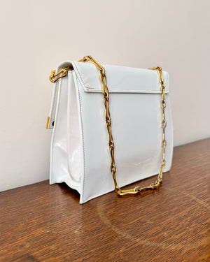 Vintage 1970s BELLIDO White Patent Leather With Gold and Silver Tone Metal Details and Chain Link Shoulder Strap Bag Mint Condition