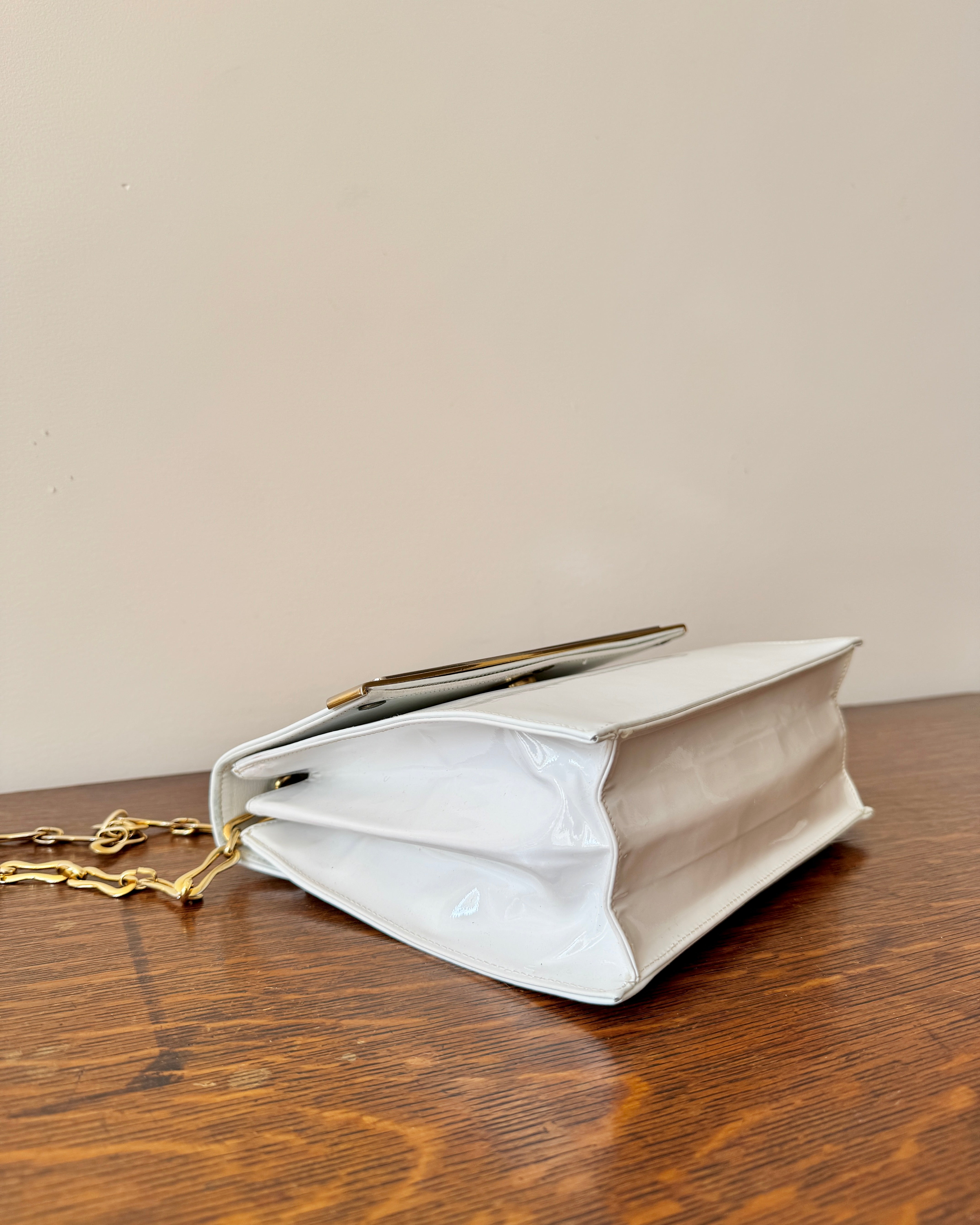 Vintage 1970s BELLIDO White Patent Leather With Gold and Silver Tone Metal Details and Chain Link Shoulder Strap Bag Mint Condition