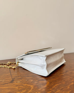 Vintage 1970s BELLIDO White Patent Leather With Gold and Silver Tone Metal Details and Chain Link Shoulder Strap Bag Mint Condition