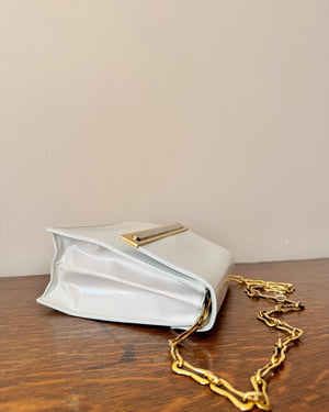 Vintage 1970s BELLIDO White Patent Leather With Gold and Silver Tone Metal Details and Chain Link Shoulder Strap Bag Mint Condition