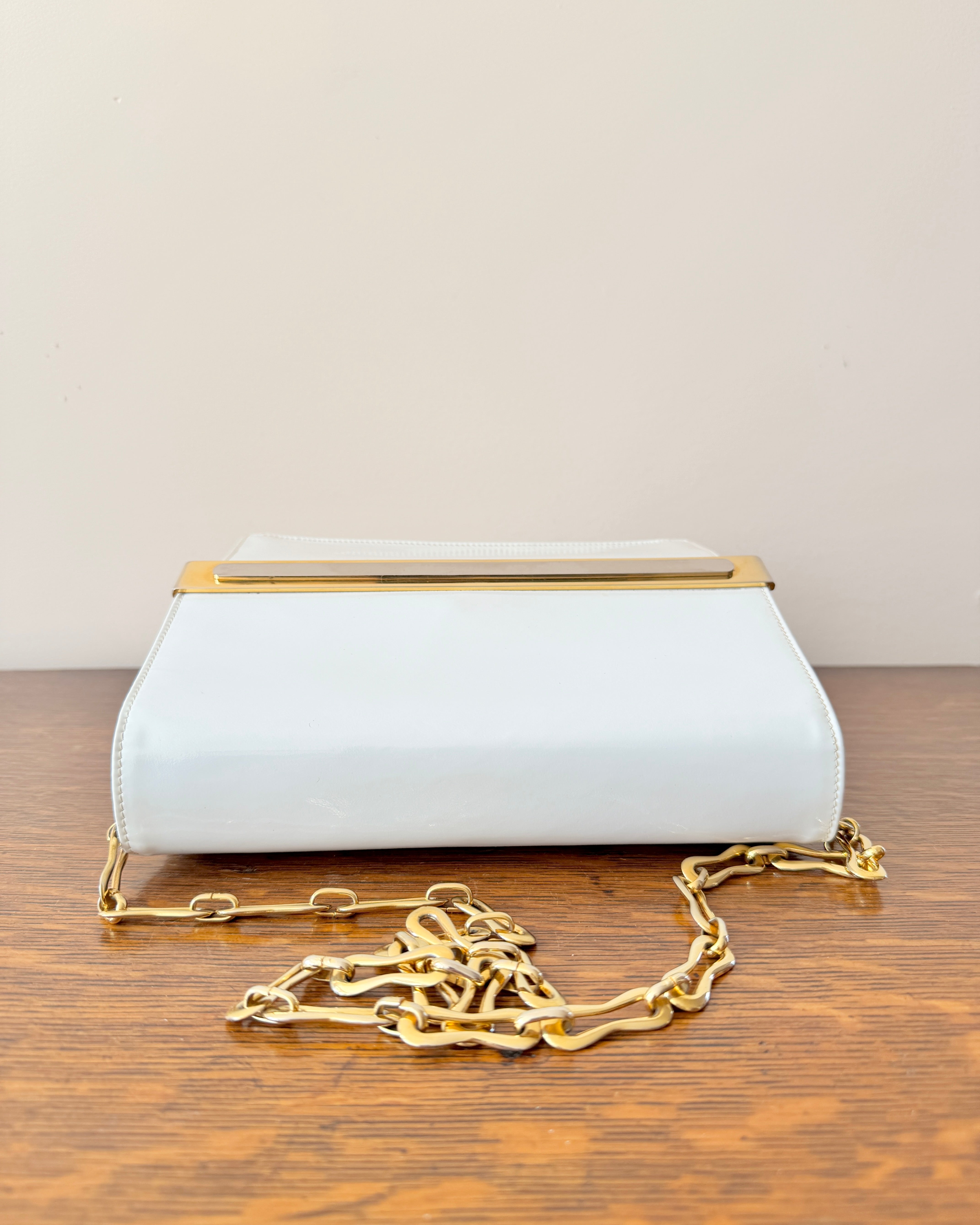 Vintage 1970s BELLIDO White Patent Leather With Gold and Silver Tone Metal Details and Chain Link Shoulder Strap Bag Mint Condition