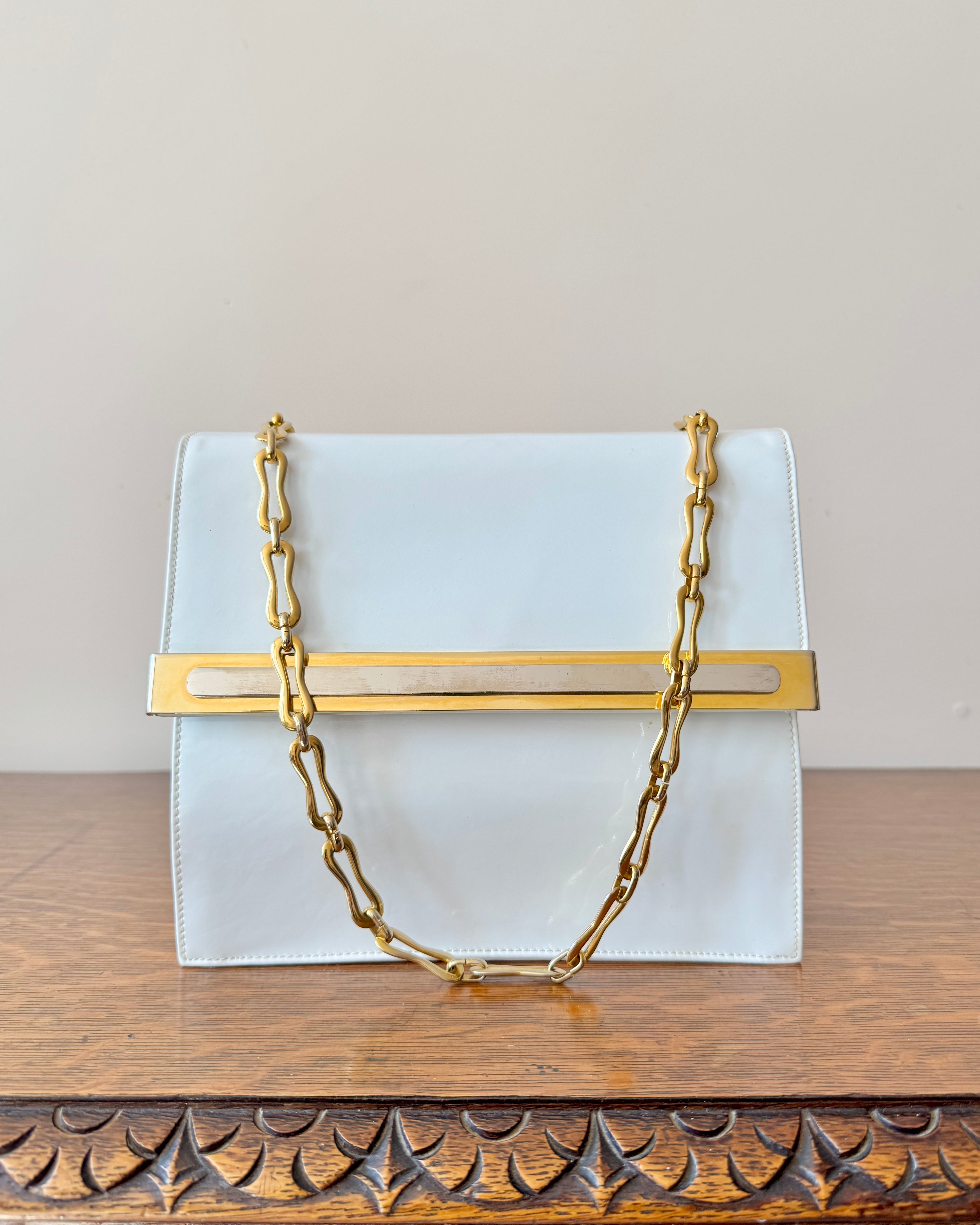 Vintage 1970s BELLIDO White Patent Leather With Gold and Silver Tone Metal Details and Chain Link Shoulder Strap Bag Mint Condition