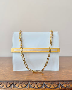 Vintage 1970s BELLIDO White Patent Leather With Gold and Silver Tone Metal Details and Chain Link Shoulder Strap Bag Mint Condition