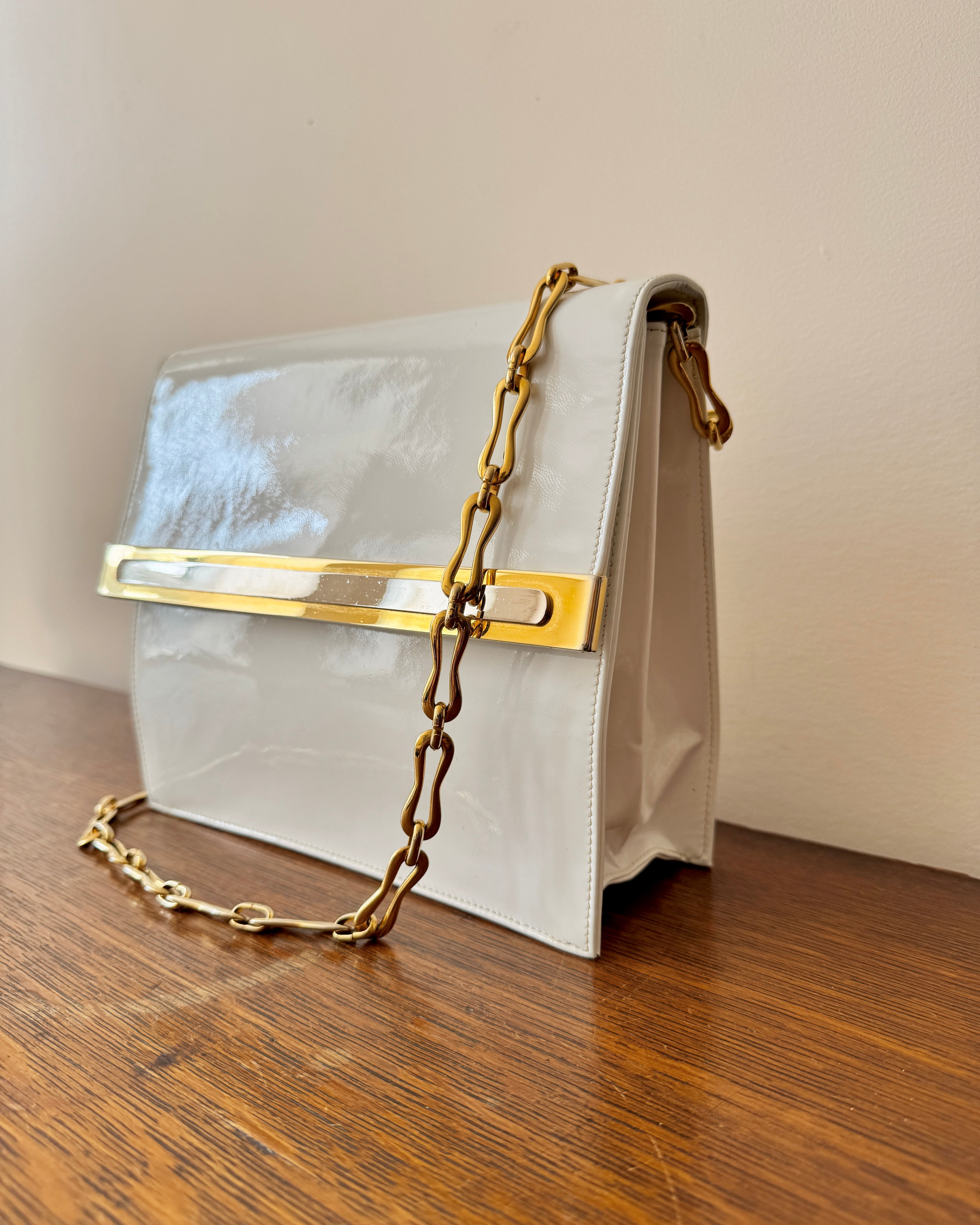 Vintage 1970s BELLIDO White Patent Leather With Gold and Silver Tone Metal Details and Chain Link Shoulder Strap Bag Mint Condition