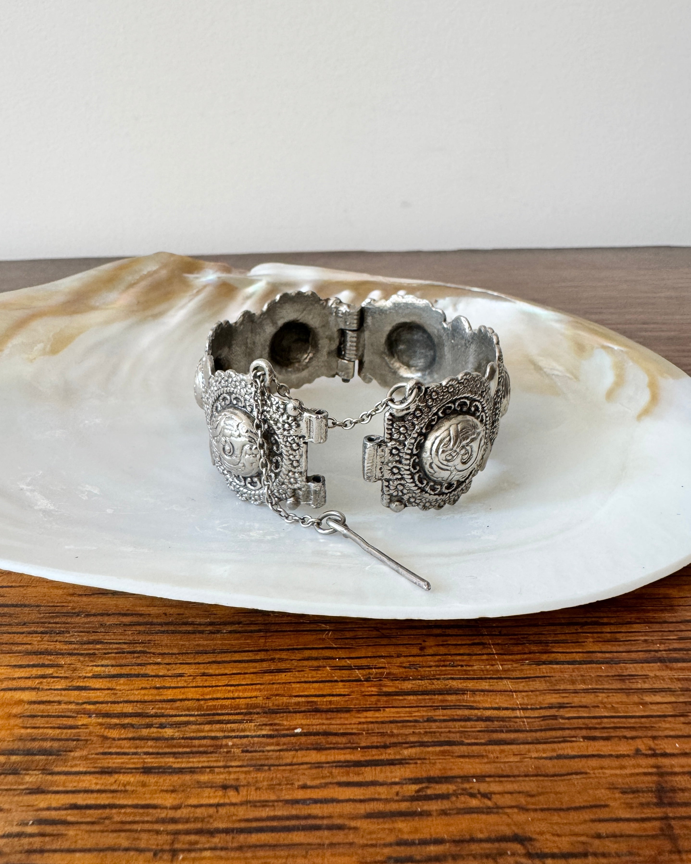 Vintage Silver Floral Engraved Scalloped Cuff Bangle Bracelet