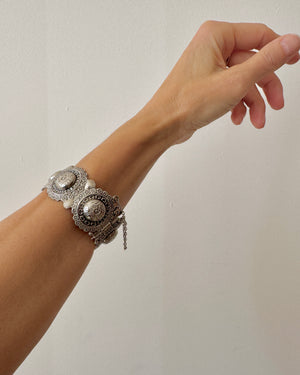 Vintage Silver Floral Engraved Scalloped Cuff Bangle Bracelet