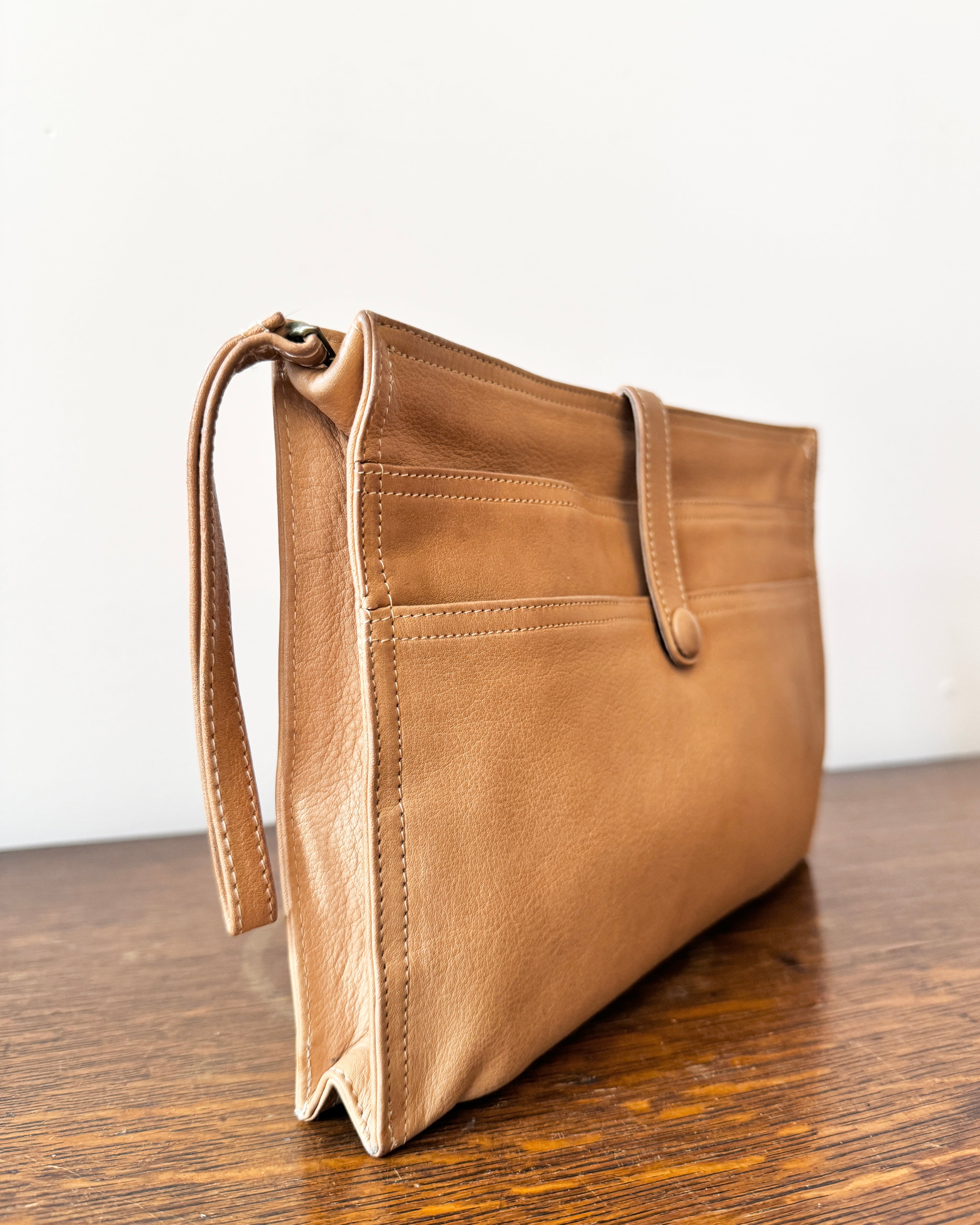 Vintage 1990s Bottega Veneta Mens Women's Natural Tan Leather Wrislet Clutch Organizer Made in Italy