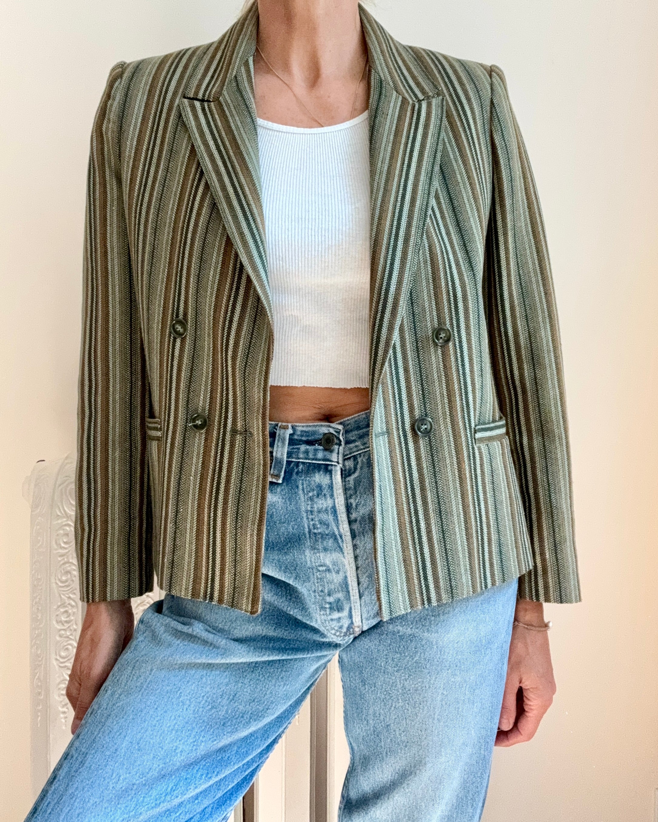 Vintage 1970s STEPHEN BURROWS Green Stripe Herringbone Double Breasted Blazer M