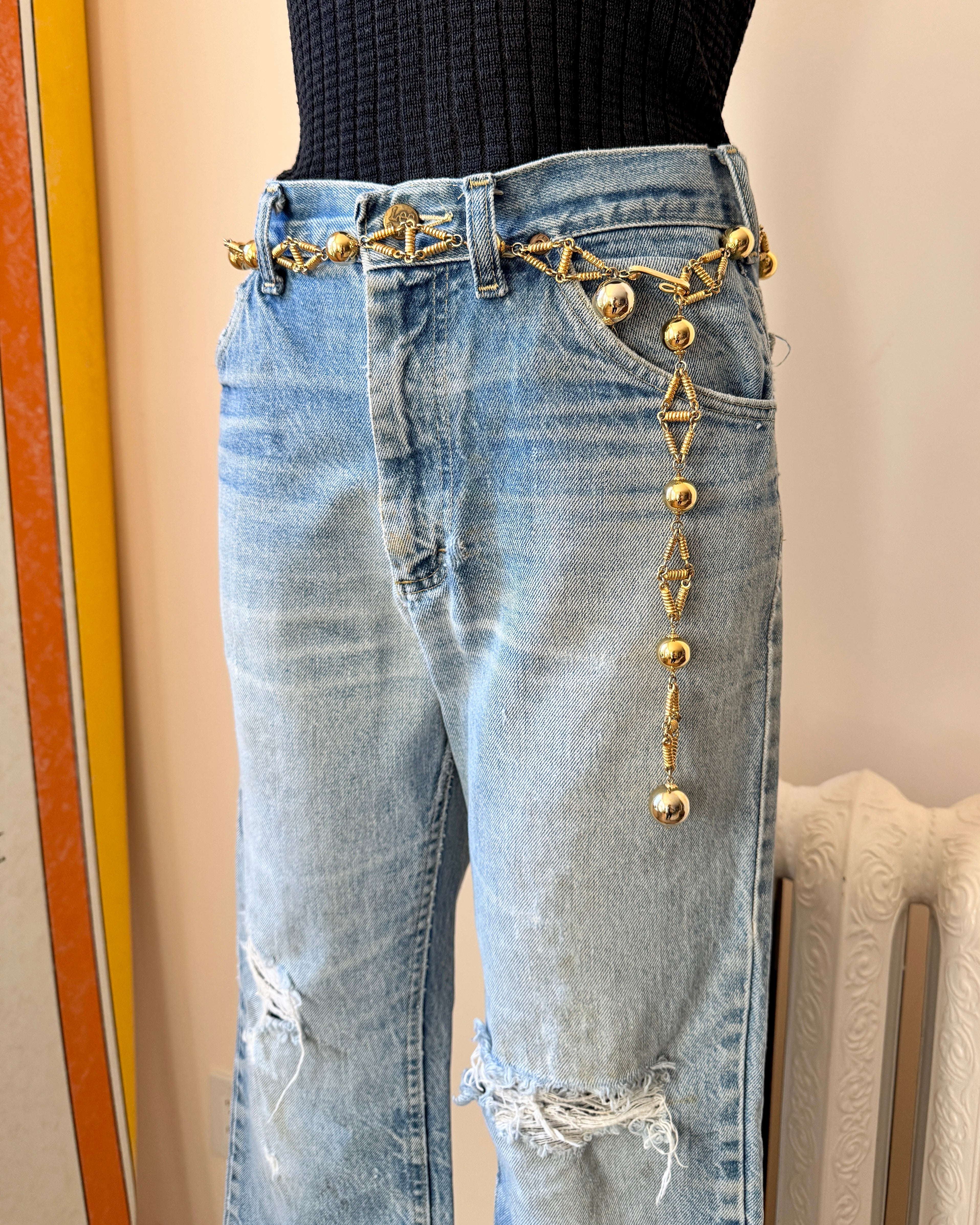 Vintage 1970s Gold Tone Metal Chain Belt with Balls Bobbles Made in France