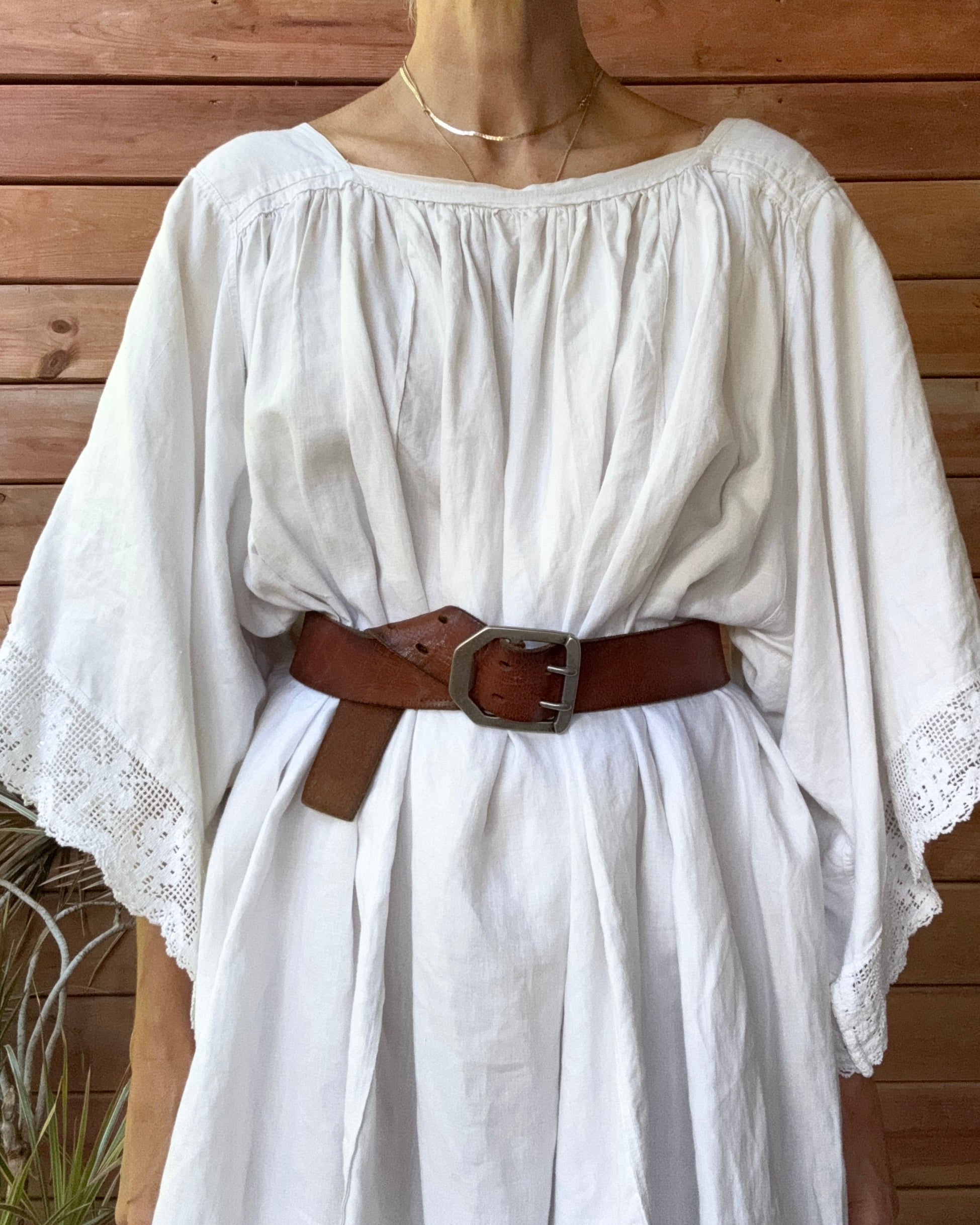 Antique White Linen Church Smock Gathered Loose Dress / Tunic with Cotton Crochet Lace Trim