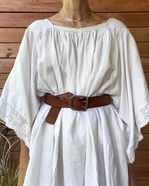Antique White Linen Church Smock Gathered Loose Dress / Tunic with Cotton Crochet Lace Trim