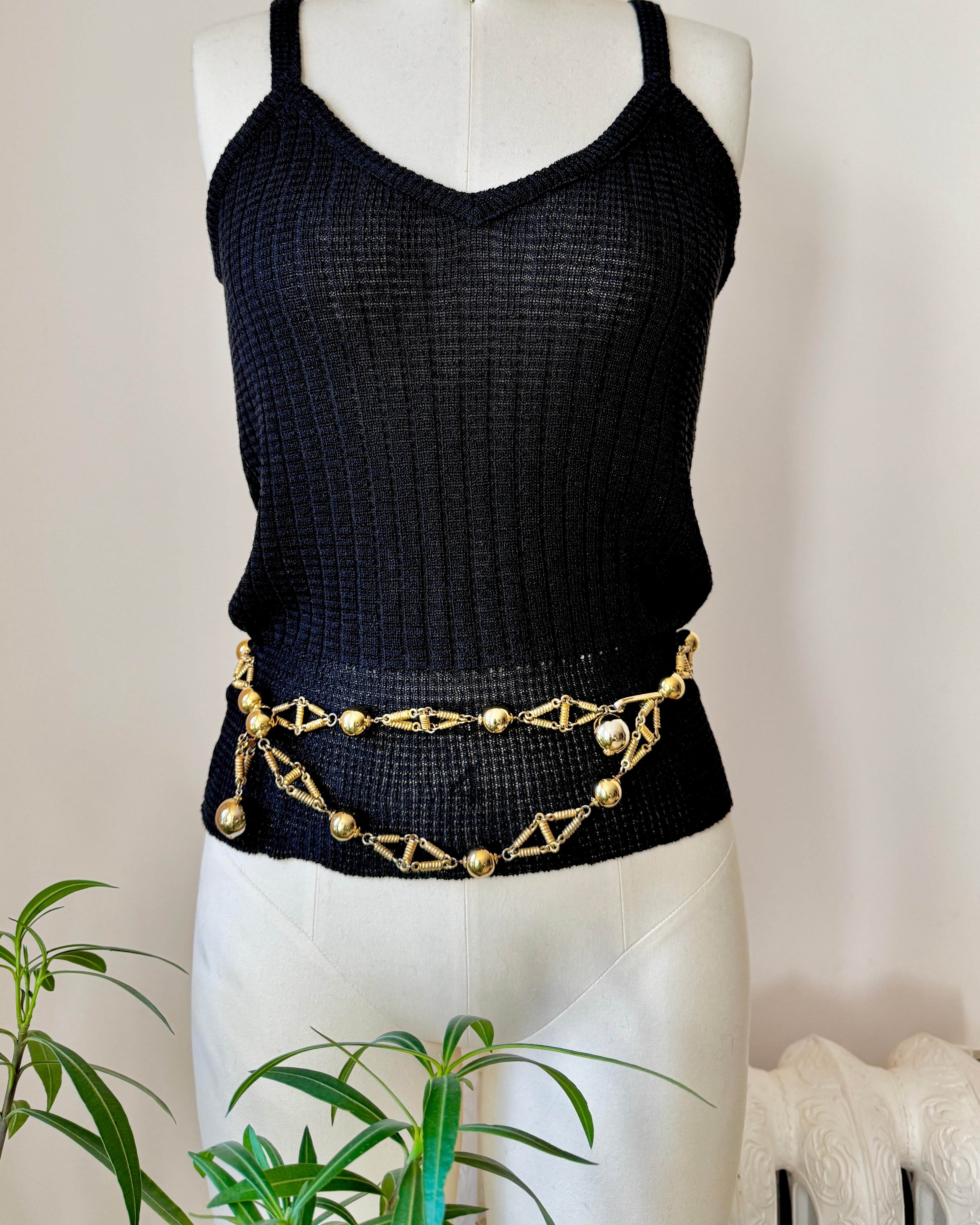 Vintage 1970s Gold Tone Metal Chain Belt with Balls Bobbles Made in France