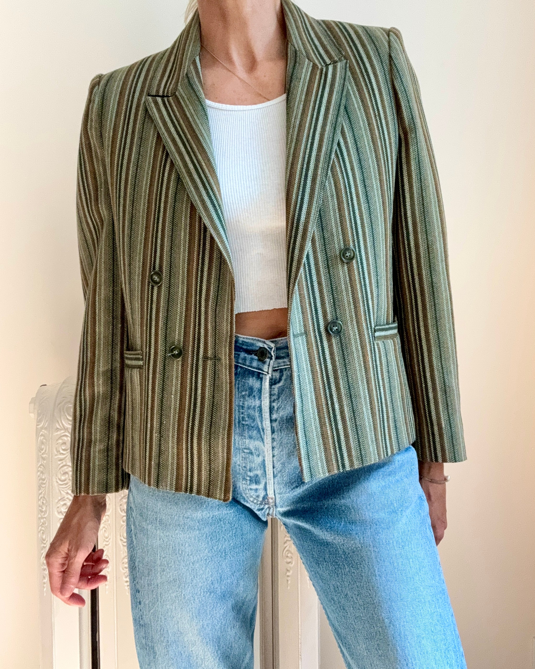 Vintage 1970s STEPHEN BURROWS Green Stripe Herringbone Double Breasted Blazer M