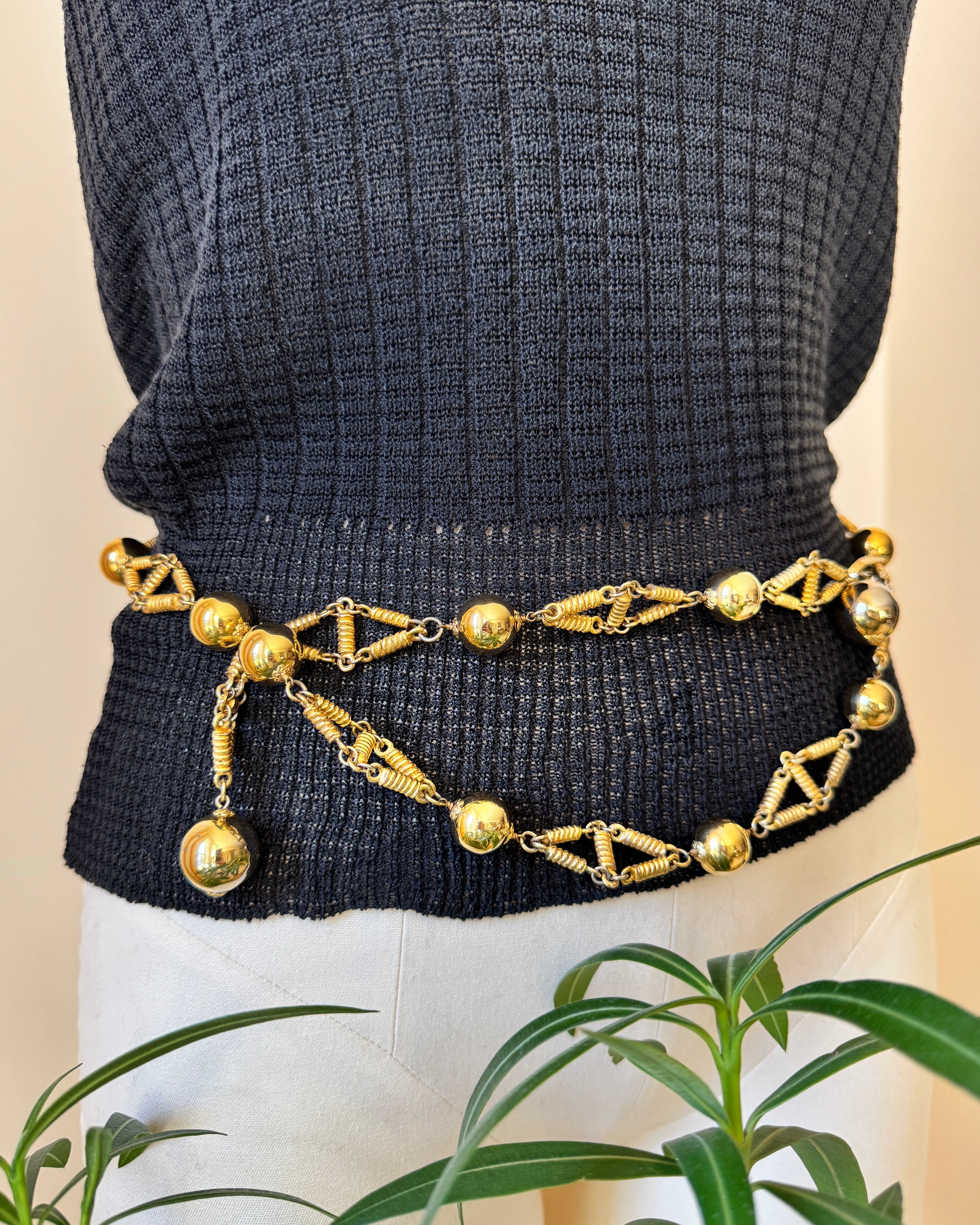 Vintage 1970s Gold Tone Metal Chain Belt with Balls Bobbles Made in France