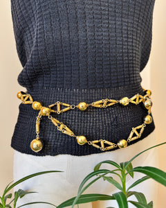 Vintage 1970s Gold Tone Metal Chain Belt with Balls Bobbles Made in France