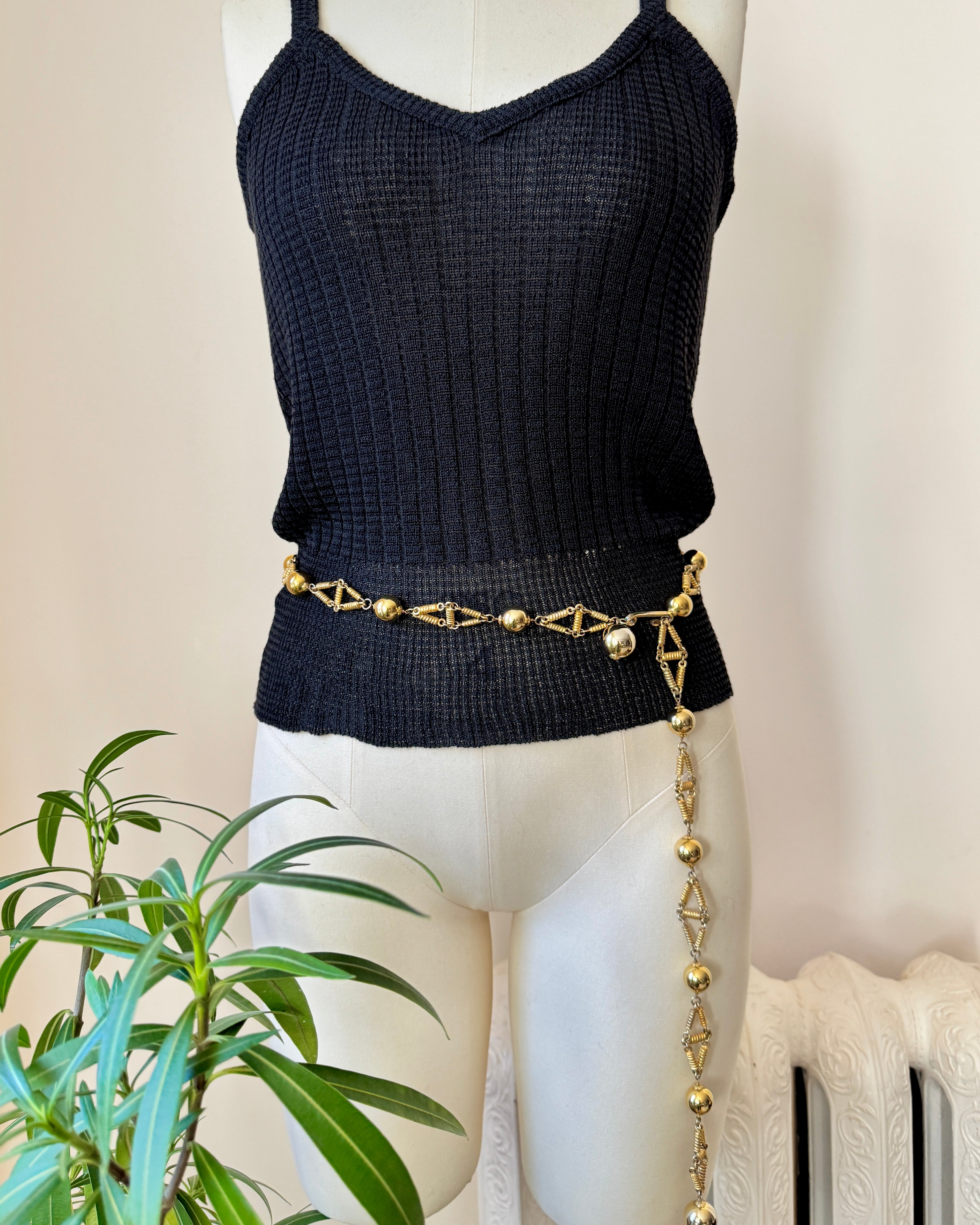 Vintage 1970s Gold Tone Metal Chain Belt with Balls Bobbles Made in France
