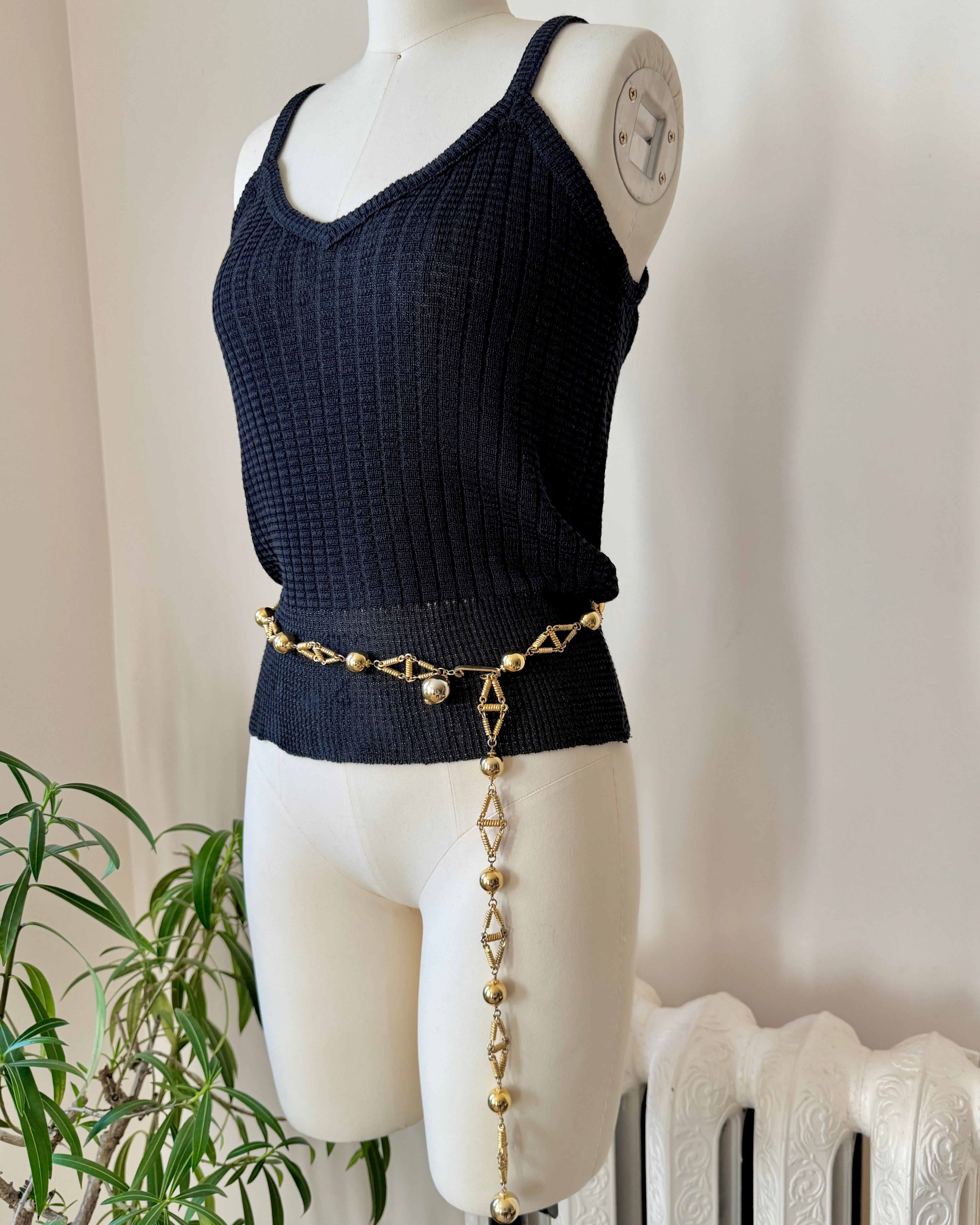 Vintage 1970s Gold Tone Metal Chain Belt with Balls Bobbles Made in France