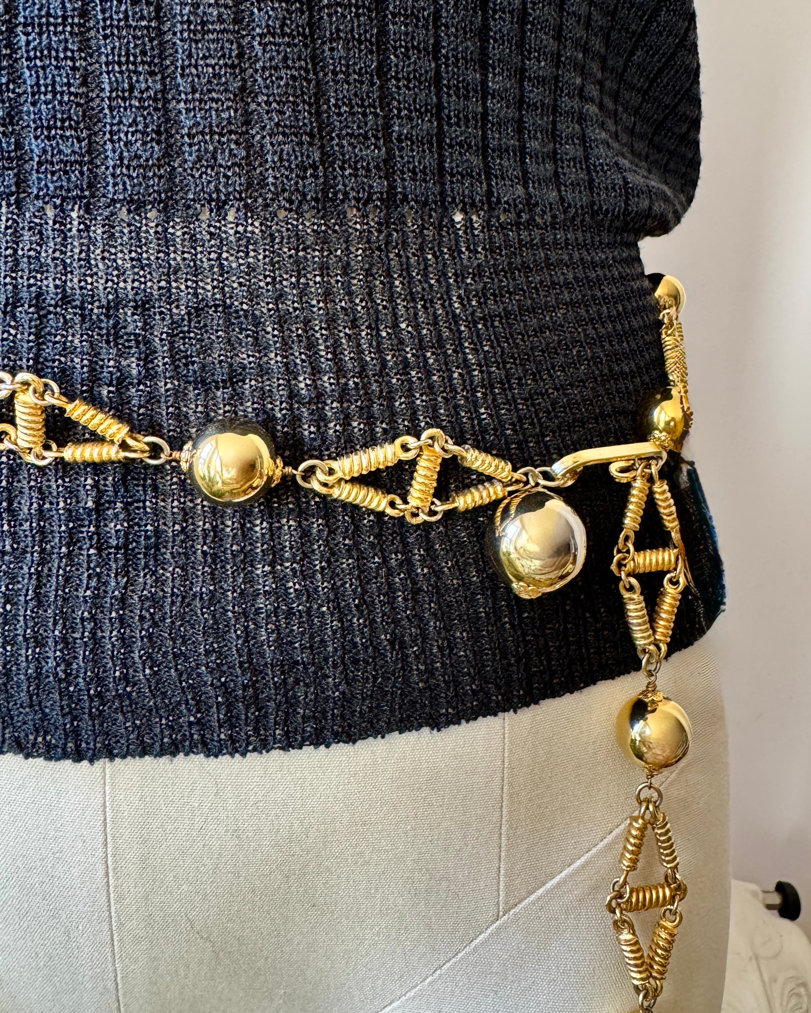 Vintage 1970s Gold Tone Metal Chain Belt with Balls Bobbles Made in France