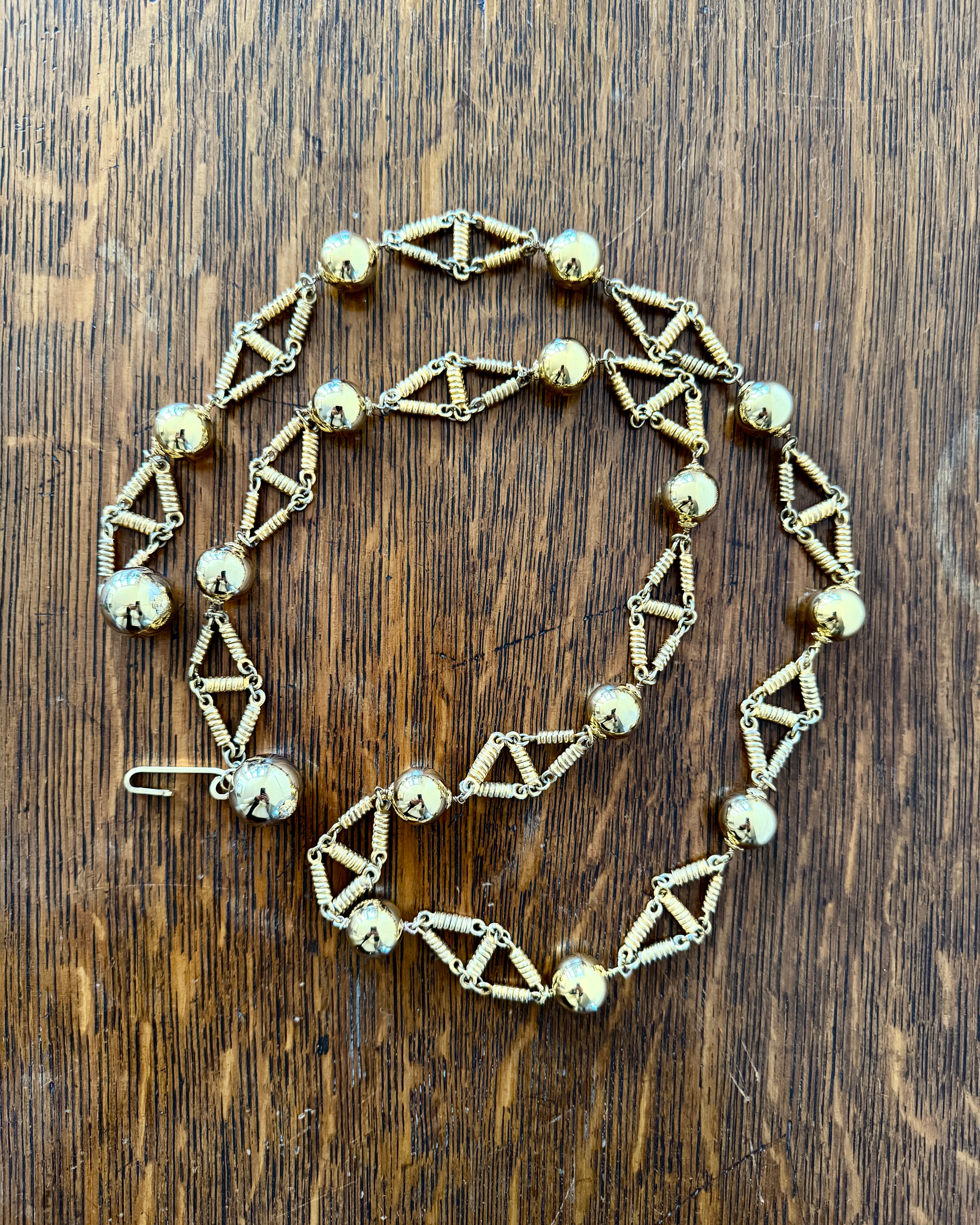 Vintage 1970s Gold Tone Metal Chain Belt with Balls Bobbles Made in France