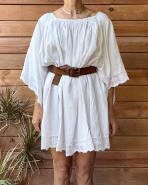 Antique White Linen Church Smock Gathered Loose Dress / Tunic with Cotton Crochet Lace Trim