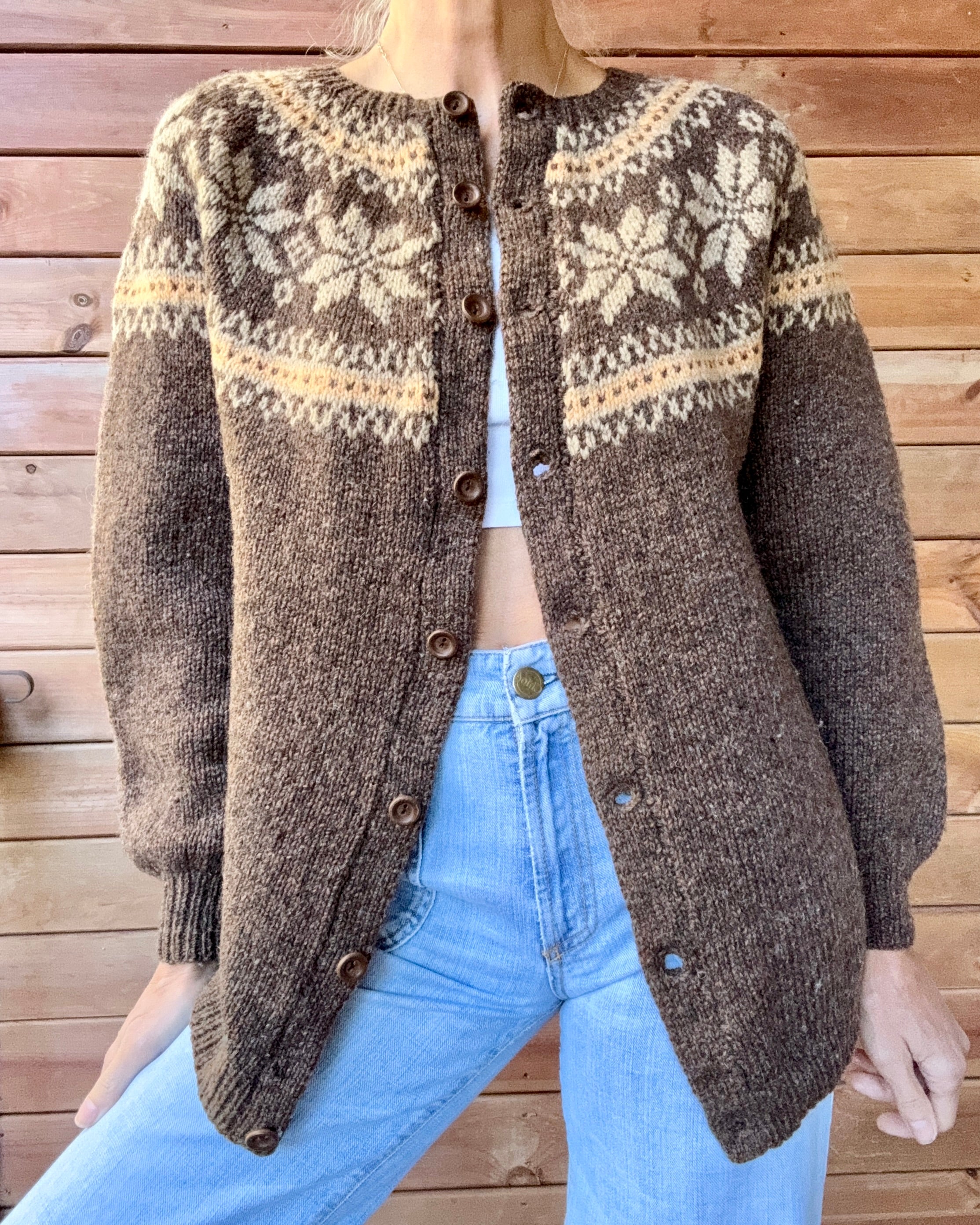 Vintage Handknit Nordic Heathered Brown Wool fair Isle with Snowflakes Cardigan Sweater M